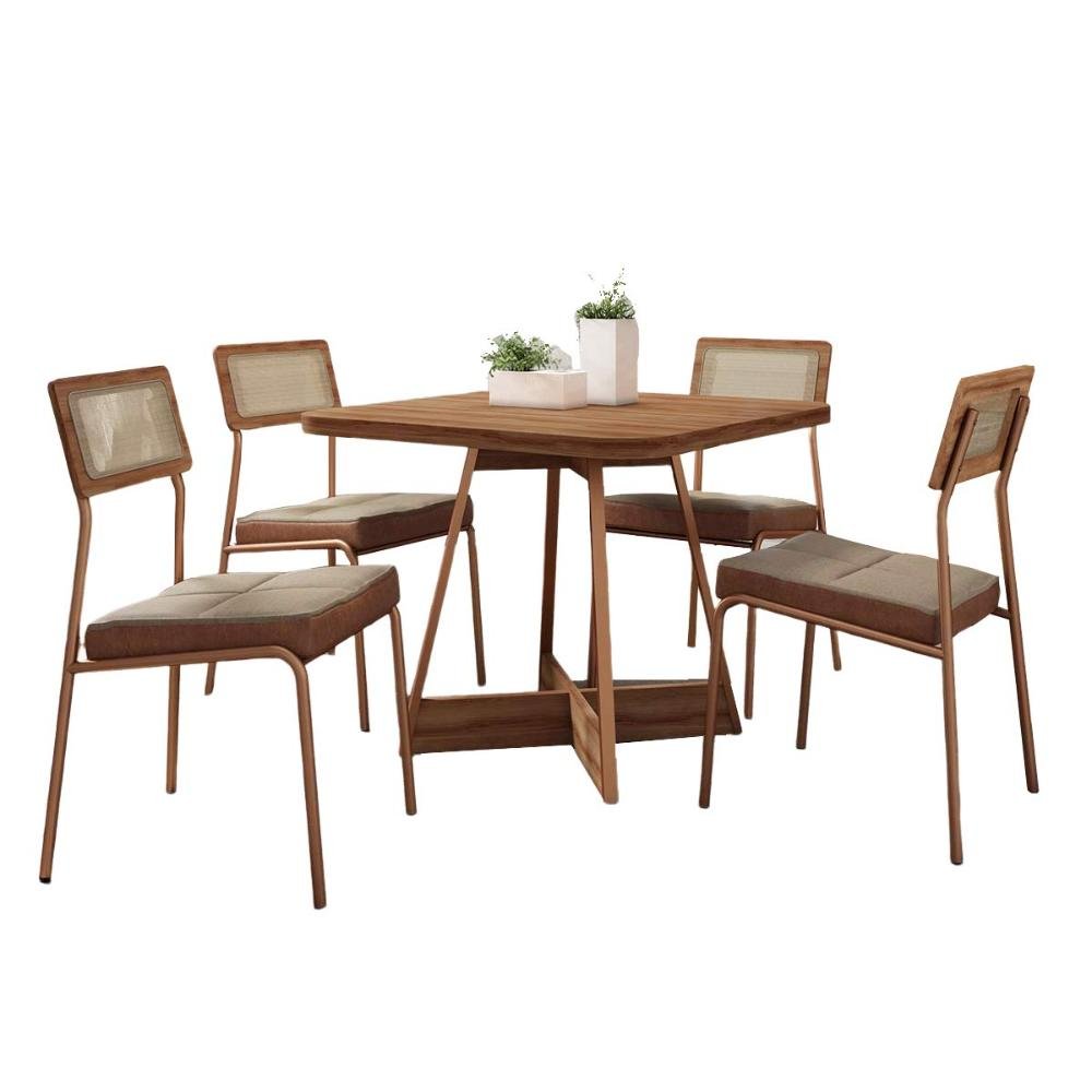 Conjunto Mesa Jantar 90cm + 4 Cadeiras Estofadas C/ Tela Nf Cor:nogal com Areia Rosê - 2