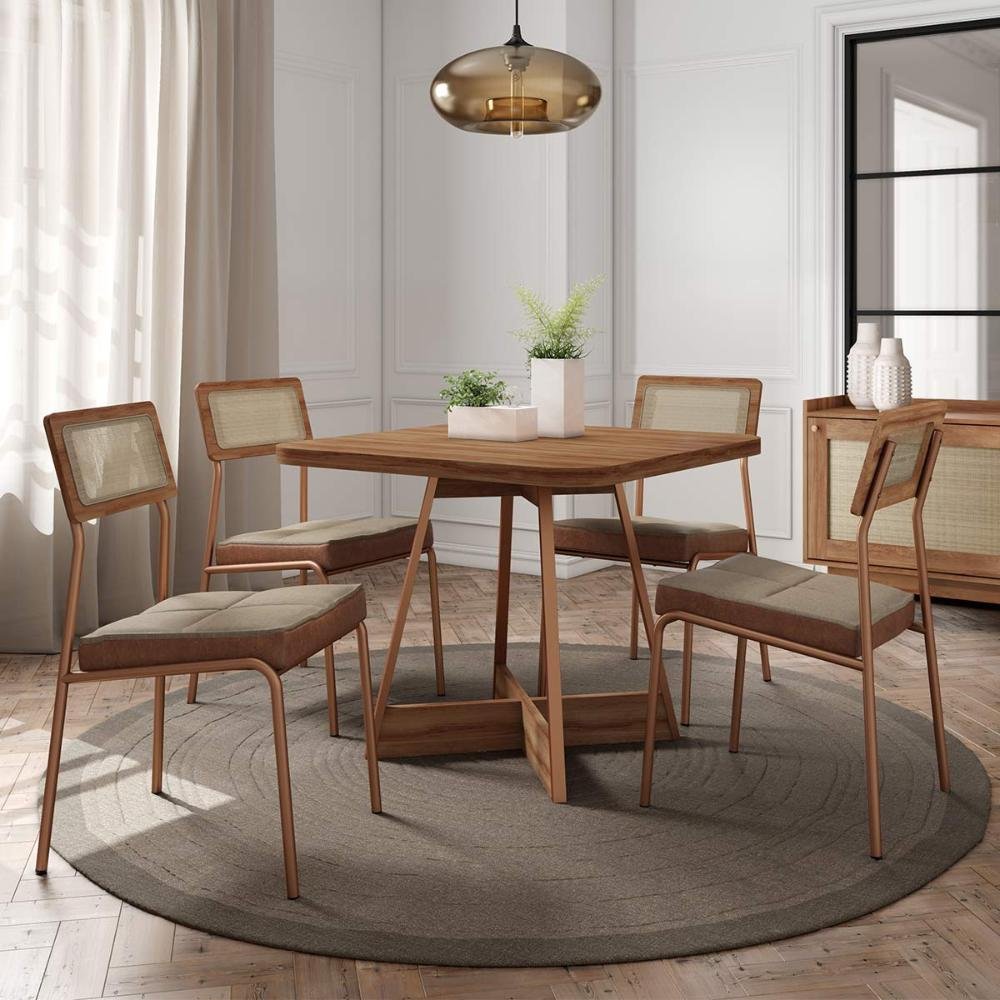 Conjunto Mesa Jantar 90cm + 4 Cadeiras Estofadas C/ Tela Nf Cor:nogal com Areia Rosê - 3