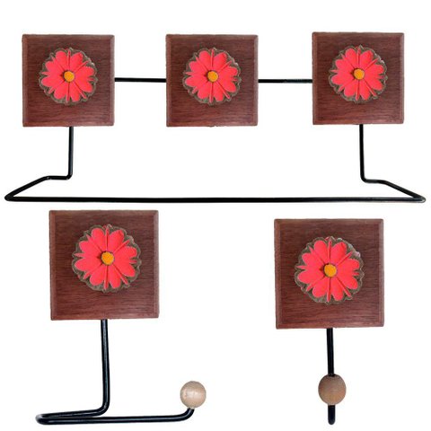 Kit Banheiro 3 Peças Toalheiro Cabideiro Porta Papel Papel com Flores Coloridas Cor Vermelho