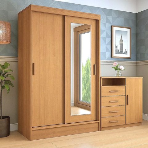 Guarda Roupa 2 Portas Correr Espelho 1,20m Roupeiro + Cômoda = Quarto Solteiro E/ou Infantil Freijó