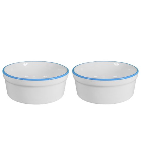 Kit Comedouro e Bebedouro de Porcelana 300ml Borda Azul