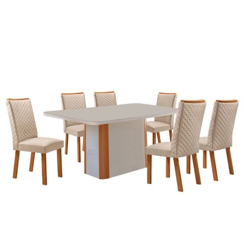 Mesa de Jantar Isadora 180cm Tampo MDF e Vidro Canto Copo com 6 Cadeiras Lira Moderna Mobília