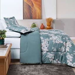 Kit Edredom Celi Super King Dupla Face Micropercal 200 Fios 3 Peças - Verde Floral - 4