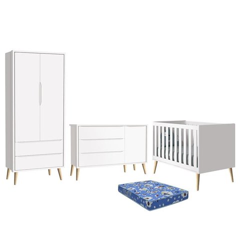 Dormitório Theo Retrô 2 Portas, Cômoda 1 Porta, Berço Branco Fosco com Pés Madeira Natural e Colchão
