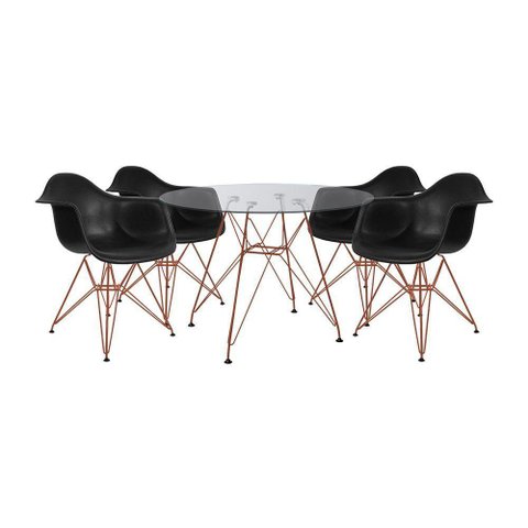 Conjunto Jantar Mesa Vidro Redonda 110cm com 4 Poltronas Pretas Ferro Cobre Cor: Preto