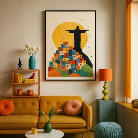 Quadro Canvas Arte Rio Cristo e Favela 90x60cm Mold Branca