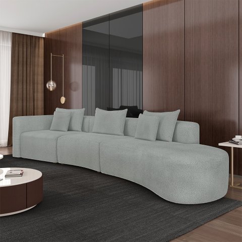 Sofá Curvo Decorativo Kimiko 447cm 5 Lugares Sala de Estar com Chaise Bouclê Cinza G52 - Gran Belo