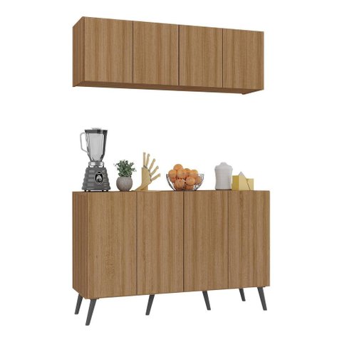 Kit Armário de Cozinha Aéreo e Balcão 4 Portas Retrô Multimóveis Mp2170 Rustic/preto