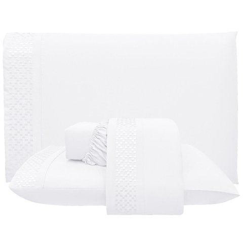 Jogo de Lençol Casal Quadratto Bordado 300 Fios Micropercal Toque de Algodão 4 Peças - Branco - 100%