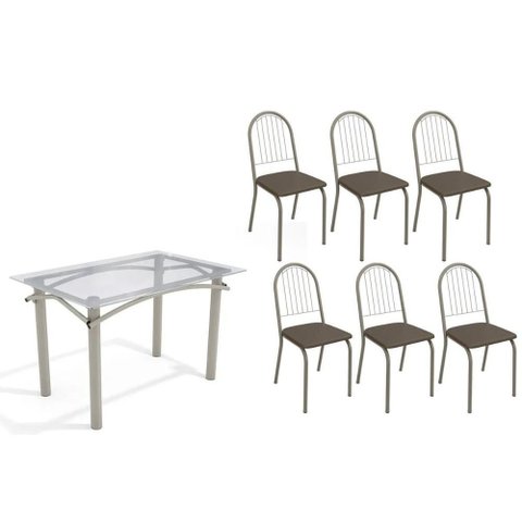 Conjunto: Mesa Sala Jantar Elba C/ Tampo de Vidro 120cm e 6 Cadeiras Noruega Niquel - Courano Marrom