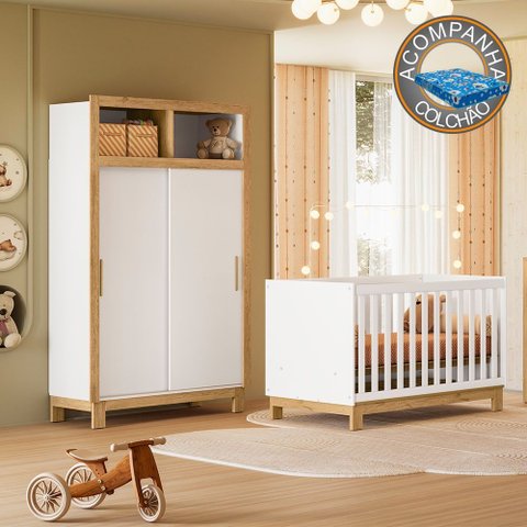 Quarto de Bebê com Berço Slim 4315 e Roupeiro 5085 Flora Branco Acetinado Qmovi + Colchão Ortobom