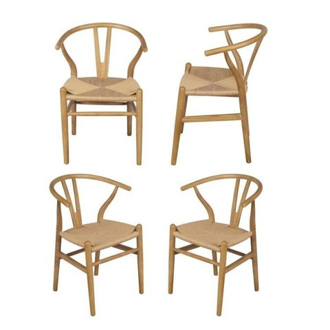 Kit 4 Cadeiras de Jantar Wishbone em Madeira com Assento Rattan Bege