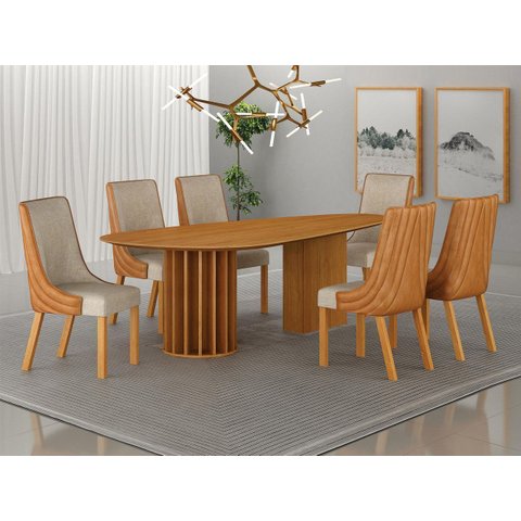 Conjunto Jantar 6 Cadeiras Maciça 2x1 Pilar M - Arbo Design - Cinamomo Tecido Linho Bege