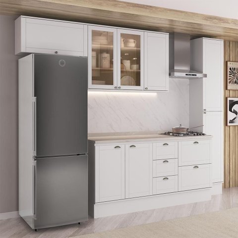 Cozinha Milla Warm 8 Portas 5 Gavetas MDF 300cm Branco Móveis Carraro