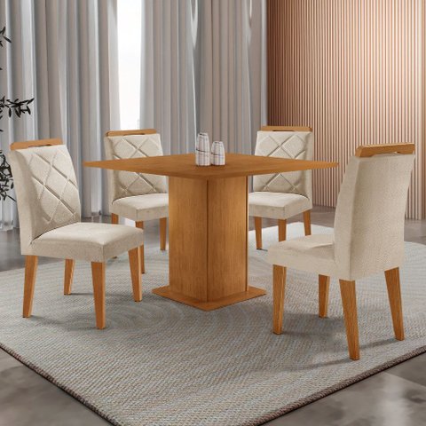 Mesa de Jantar Loren 90cm Tampo Mdf Canto Reto e 4 Cadeiras Melissa Moderna Mobília