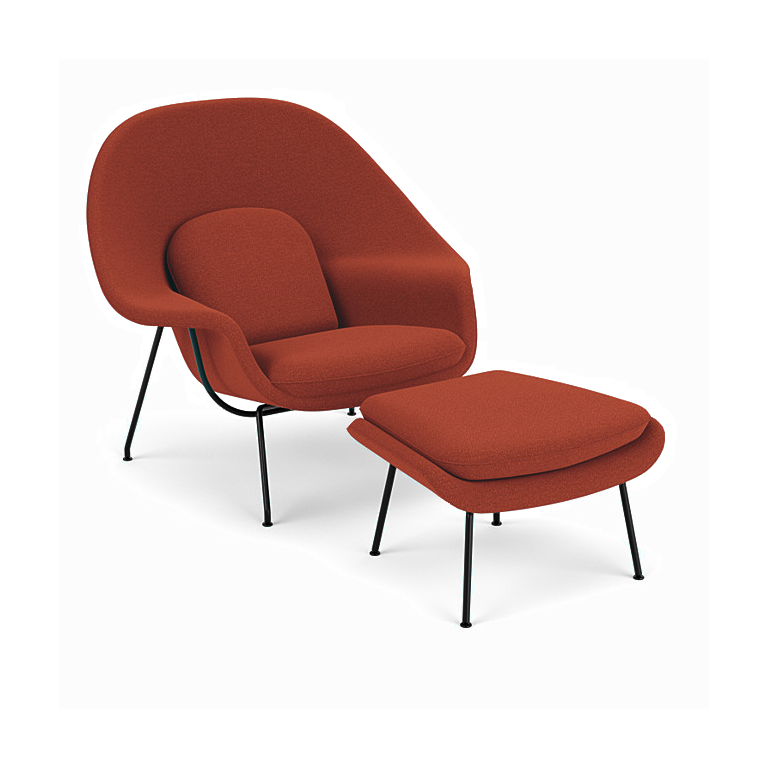 Poltrona Womb Chair com Puff em Bouclê Terracota - Base Preta