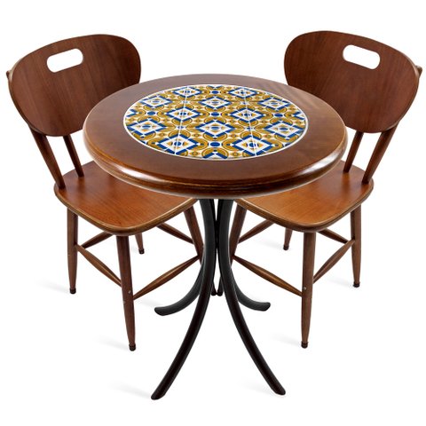 Cj Mesa Madeira Azulejo 60cm - Bistrô Fixa 78cm + 2 Cadeiras 43 - Natural - Anos Dourados