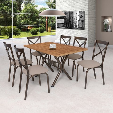 Conjunto de Mesa 6 Cadeiras Karina Bege/Bronze/Linho