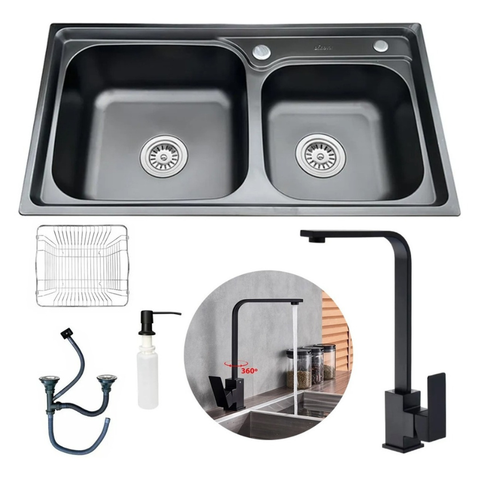 Kit Cuba Cozinha Gourmet Pia Dupla Acessorios e Torneira Perfil em L Slim Luxo Preta Brinovar