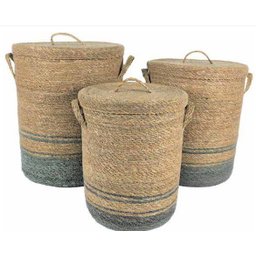 Cesto de Palha Natural Seagrass Cilíndrico com Tampa M Azul Lili Casa Único - 2