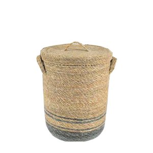 Cesto de Palha Natural Seagrass Cilíndrico com Tampa M Azul Lili Casa Único