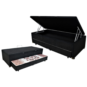 Bicama Box Baú Solteiro 88x188 com Cama Auxiliar de Molas Ensacadas 3x1 Suede Preto