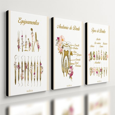 Kit 3 Quadro Decorativo Dentista Odontologia Consultório 28x20cm