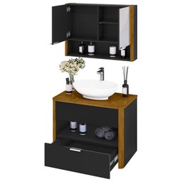 Kit Gabinete de Banheiro Santorini Ii com Espelheira e Cuba Preto Fosco/naturale - 5