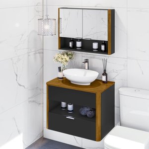Kit Gabinete de Banheiro Santorini Ii com Espelheira e Cuba Preto Fosco/naturale