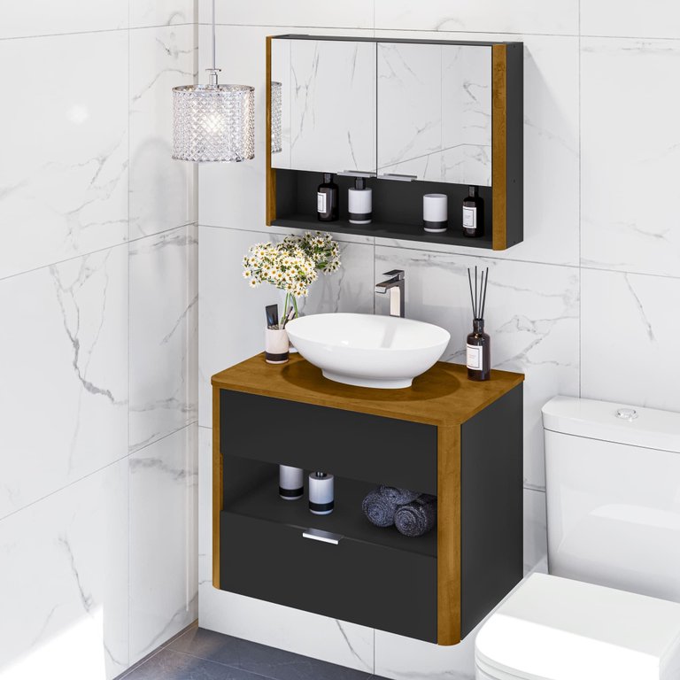 Kit Gabinete de Banheiro Santorini Ii com Espelheira e Cuba Preto Fosco/naturale