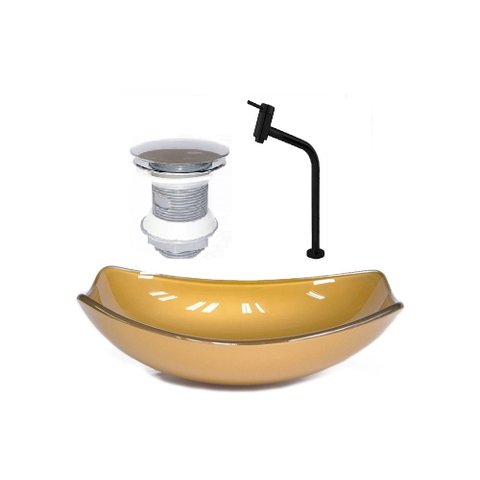 CUBA DE VIDRO OVAL CHANFRADA 51CM DOURADO REAL + VALVULA + TORNEIRA PRETA