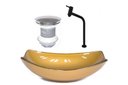 Ver imagem 1 de CUBA DE VIDRO OVAL CHANFRADA 51CM DOURADO REAL + VALVULA + TORNEIRA PRETA