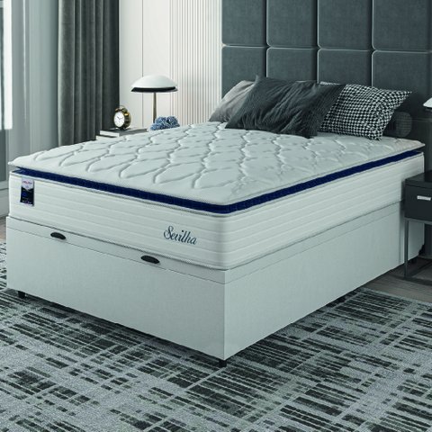 Cama Box Baú Casal Colchão Molas Ensacadas com Pillow Sevilha Branco/cinza Hellen