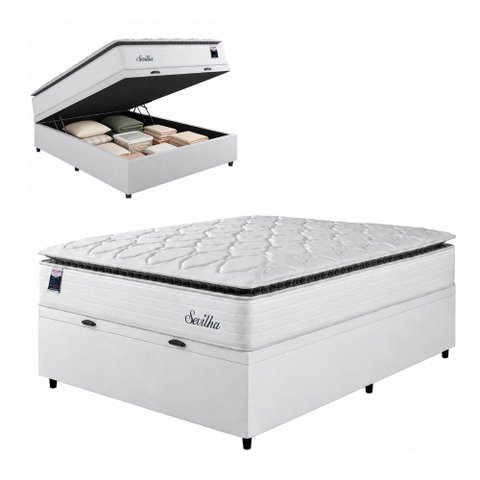 Cama Box Baú Casal Colchão Molas Ensacadas com Pillow Sevilha Branco/Cinza Hellen