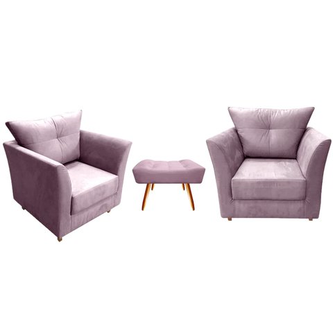 Kit 2 Poltronas Decorativa Isis + Puff Retangular Suede Rosê Pés Madeira Ms Decor