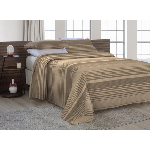 Kit Cobre Leito Queen Com Fronhas 3 Peças Tecido Piquet Algodão Listrado Bege e Tabaco