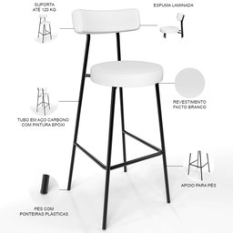 Kit 02 Banquetas Altas Bar Cozinha Sala de Jantar Estrutura em Aço Milão L02 Facto Branco - Lyam Dec - 4