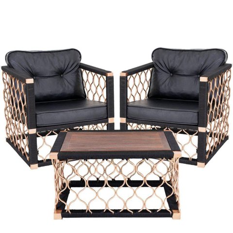 2 Poltronas Com Mesa De Centro Madeira Corda Náutica Preta