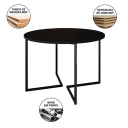 Mesa Jantar Industrial Redonda Preta Base V Ferro Preto Tampo 110cm - 2