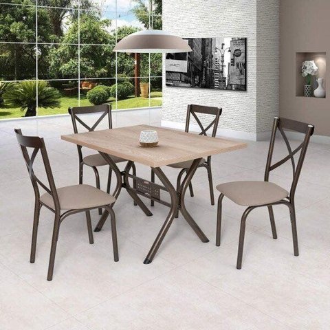 Conjunto de Mesa 4 Cadeiras Karina Bege/Bronze/Linho