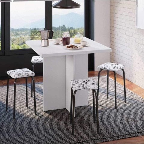 Conjunto Mesa e 4 Bancos Estofados Verona Branco/Preto