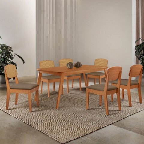 Mesa de Jantar Copper 180cm Tampo Canto Copo Mdf Laminado com 6 Cadeiras Copper Premium Moderna Mobí