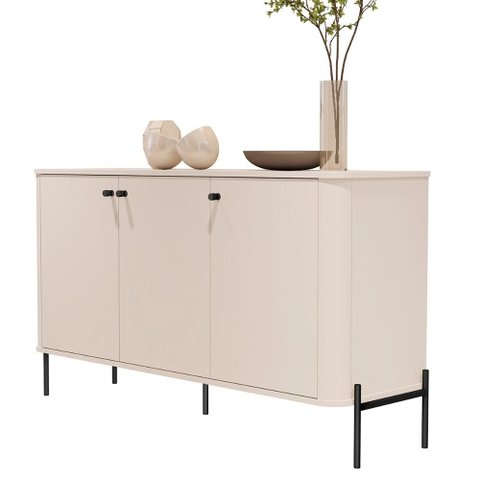 Aparador Buffet Tucupí Sala com 3 Portas e Pés de Metal Off White/preto