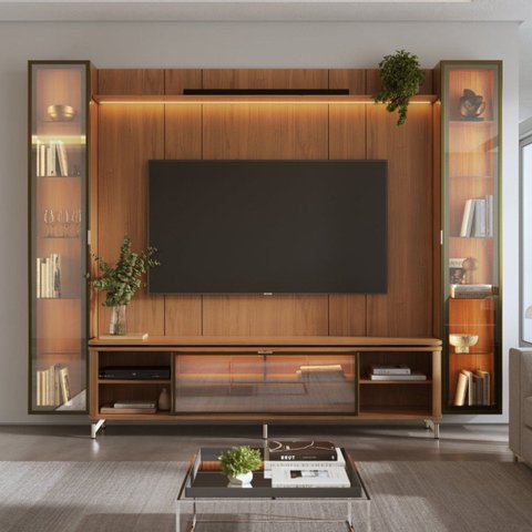 Estante para TV Home Theater 85" 100% MDF 291cm 2 Cristaleiras Vidro Reflecta LED Interno Canella