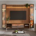 Ver imagem 1 de Estante para TV Home Theater 85" 100% MDF 291cm 2 Cristaleiras Vidro Reflecta LED Interno Canella