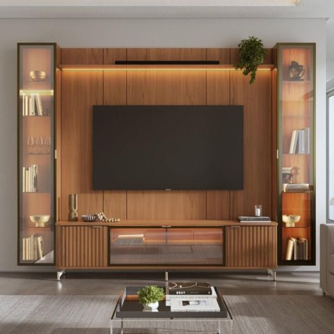 Estante para TV até 85 Polegadas com 2 Cristaleiras Vidro Reflecta 100% MDF com LED Lincoln Float