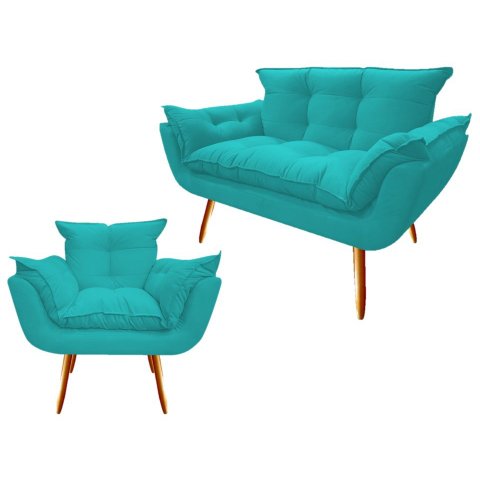 Kit Namoradeira + Poltrona Decorativa Opala Suede Azul Tifany Pés Madeira Mz Decor