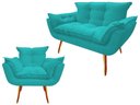 Ver imagem 1 de Kit Namoradeira + Poltrona Decorativa Opala Suede Azul Tifany Pés Madeira Mz Decor