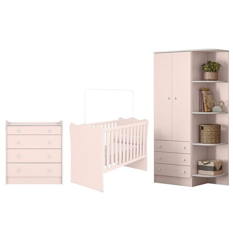 Jogo de Quarto Doce Sonho Guarda Roupa Cantoneira, Berço e Cômoda Trocador Rosa - Qmovi