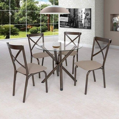 Conjunto de Mesa Tampo em Vidro com 4 Cadeiras Karina Bege/Bronze/Linho